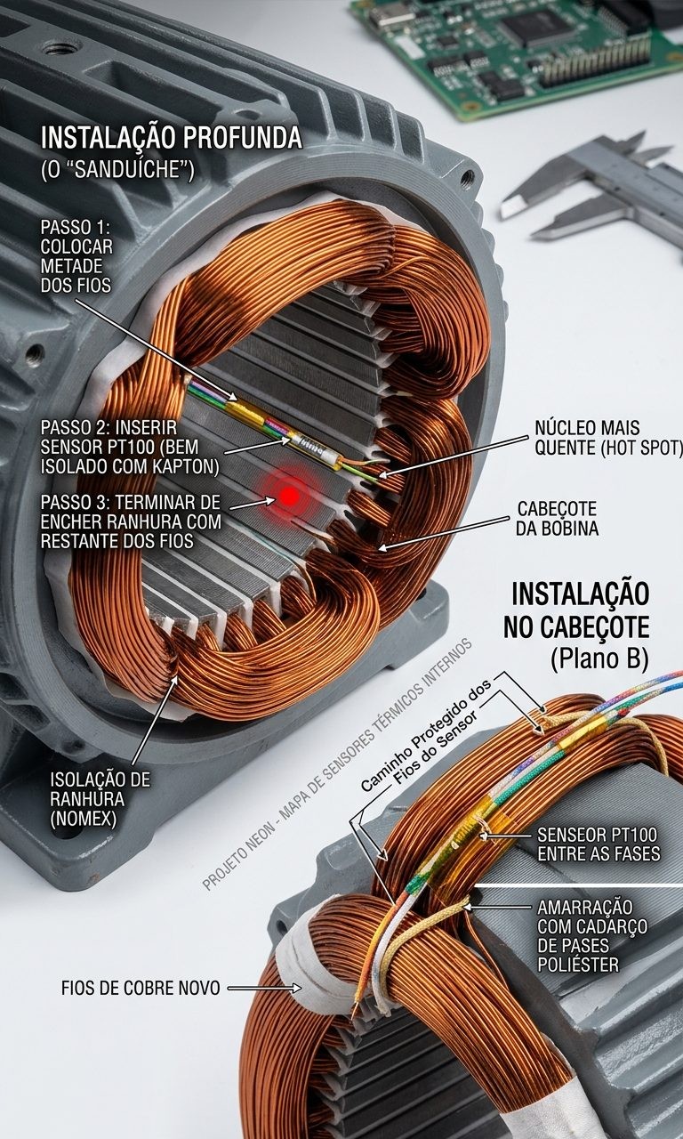 Ilustração do Projeto Neon mostrando onde instalar o sensor PT100 dentro do enrolamento de um motor