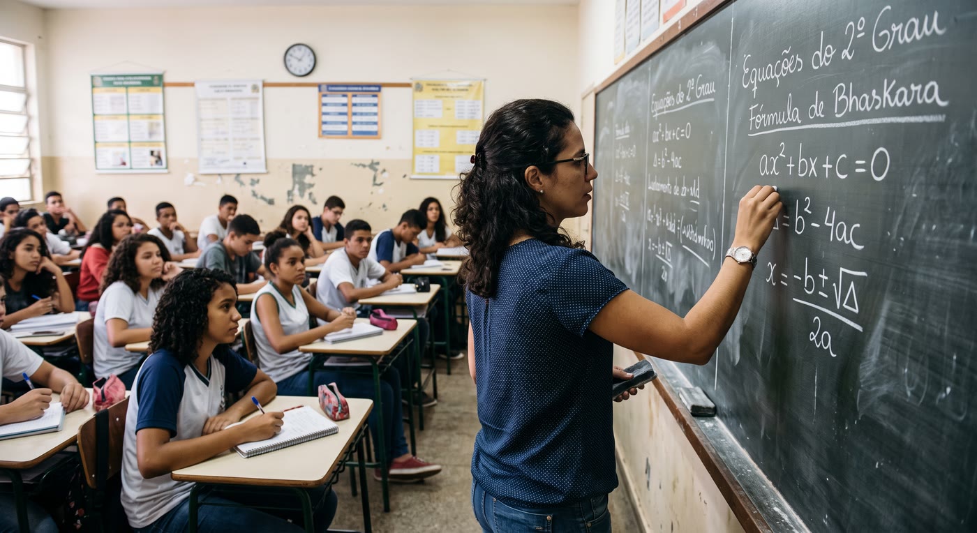 Imagem gerada com o Nano Banana 2: professora escreve a fórmula de Bhaskara no quadro-negro de uma sala de aula cheia de alunos